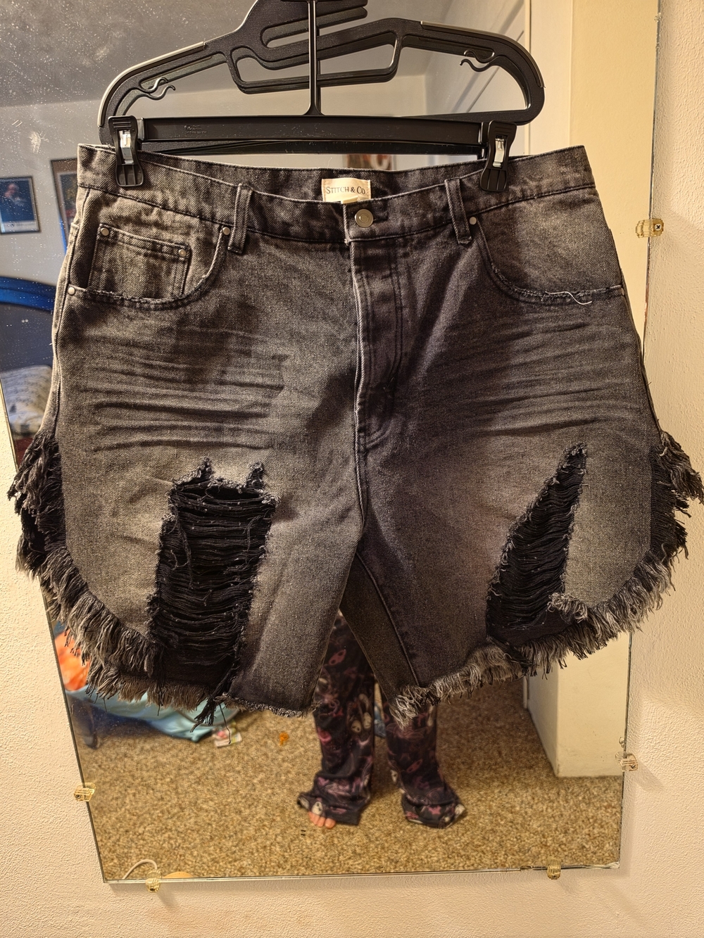 Stitches Black Washed Distressed Jean Shorts with Frayed Trim